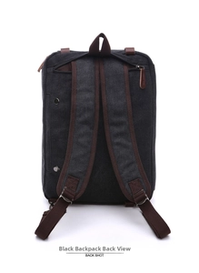 Detail view of the heavy-duty black canvas backpack back structure and adjustable straps
