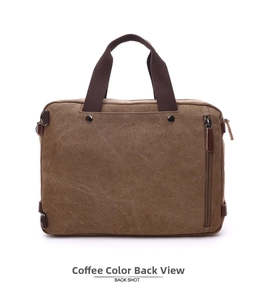 Detail view of coffee canvas briefcase back with zipper pocket and metal D-rings
