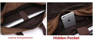 Detail view of the laptop compartment and hidden zip pocket inside the coffee canvas bag