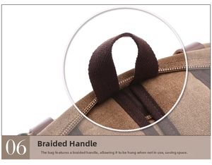 Detail of high-density woven strap with reinforced stitching on brown canvas briefcase
