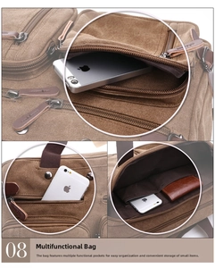 Detailed view of the brown canvas messenger bag with organized zip pockets and leather pulls