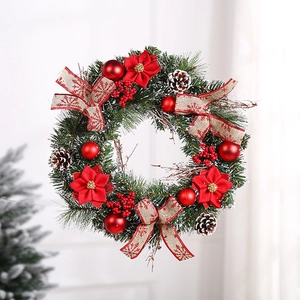Artificial Christmas Wreath With Pine Needles Pine Cones Red Berries Burlap Bow Holiday Front Door Wall Hanging Decor