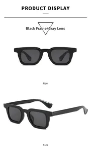 Detailed front and side view of classic black thick square sunglasses with dark grey lenses