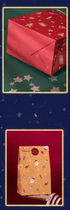 Detail showing Christmas gift bag and red folding box with festive holiday patterns