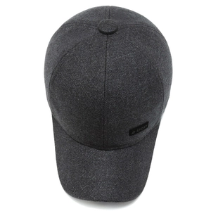 Men's winter thick wool baseball cap with ear protection in dark grey tweed finish