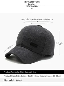 Detailed dimensions of dark grey wool felt baseball cap with sport patch for men