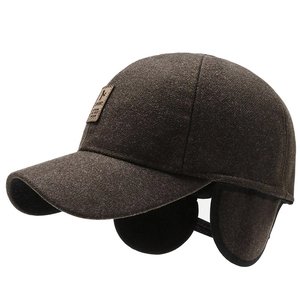 Winter thermal baseball cap for elderly men with ear flaps in dark brown wool fabric