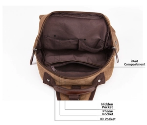Interno dello zaino in tela con tasche per iPad, cellulare e documenti vari