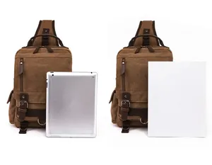 Bandolera de lona marrón comparada con iPad y revista A4 para viajes al aire libre