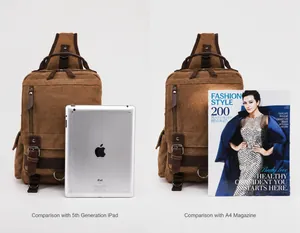 Braune Canvas Umhängetasche Größenvergleich mit iPad und A4 Magazin für Outdoor Reisen