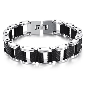 Men Stainless Steel Silicone Bracelet Mechanical Chain Biker Industrial Jewelry Black Silver