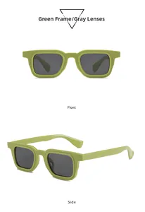 Front and side view of trendy green square frame sunglasses with gray lenses