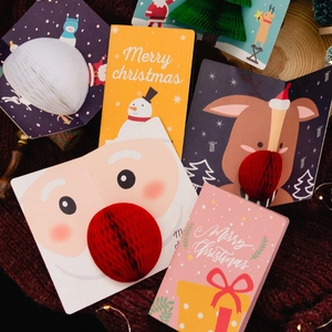 3D Pop-Up Christmas Greeting Cards With Honeycomb Paper Design Cartoon Santa Reindeer Snowman Pattern For Holiday Gifting