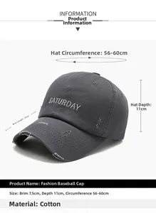Vue détaillée de la casquette en coton gris avec broderie Saturday et trous vieillis