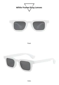 Macro view of solid white square sunglasses with deep gray lenses from front and side angles