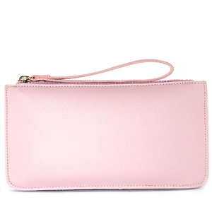 Pink faux leather long wallet clutch with double zipper and wristlet for women
