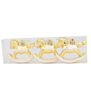 Three gold and white glitter rocking horse ornaments for Christmas tree in a pack