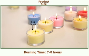 Close-up of burning colorful glass tea lights with 7-8 hours burn time info