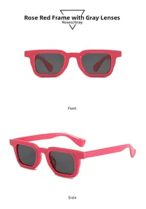 Detail view of rose red rectangular sunglasses with gray lenses from front and side angles