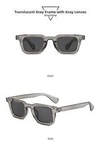 Macro detail of transparent grey square sunglasses frames with premium grey lenses