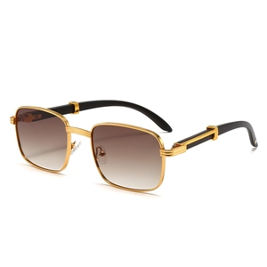 Retro square sunglasses with wood grain texture, gold metal frame and brown gradient lenses