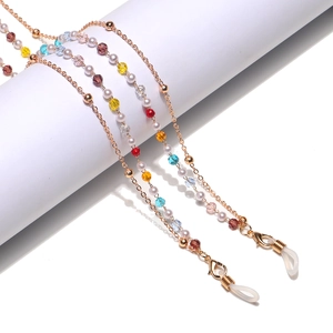 Layered Colorful Crystal Beaded Eyeglass Chain And Mask Lanyard With Golden Metal Chain Artificial Pearls Silicone Rings Bohemian