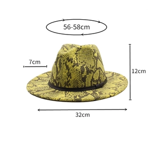 Size specifications for wool fedora hat with snake print and 7cm wide brim detail
