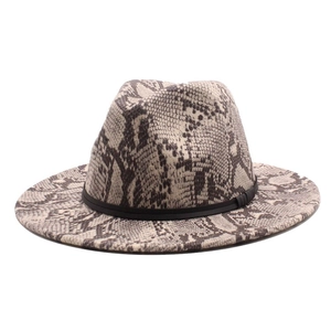 Stylish wide brim wool fedora hat with snake skin print and black decorative band