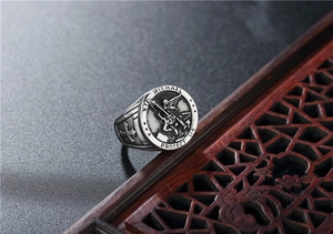Detailed relief of Saint Michael on retro silver stainless steel signet ring for men