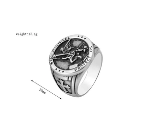 Macro shot of St. Michael vintage stainless steel ring with 20mm diameter size details