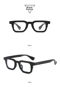 Front and side views of chunky black square frames with clear lenses and polished finish