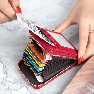Red lychee grain leather accordion card holder with large capacity and zipper closure