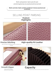 Detail of purple litchi grain PU leather card holder with gold zipper and accordion slots