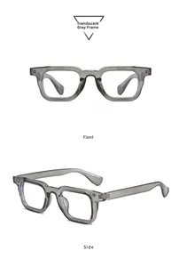 Detail view of transparent grey square frame sunglasses from front and side perspectives