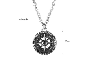Macro view of vintage compass pendant with 23mm diameter and 7g weight specifications