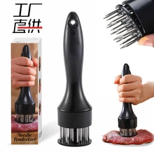 Detail of ergonomic stainless steel meat tenderizer with 21 needles and retail packaging