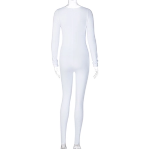 Back view of a white long sleeve jumpsuit with a slimming fit on a transparent mannequin