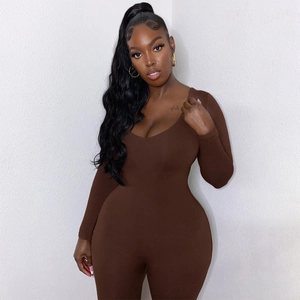 Detail of deep brown U-neck long sleeve slim fit jumpsuit in high-elastic knit fabric