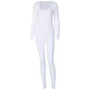 Close-up of white slim fit long sleeve bodysuit featuring a classic round neckline