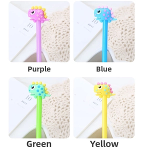 Close-up of cute cartoon dinosaur gel pens in purple, blue, green, and yellow colors