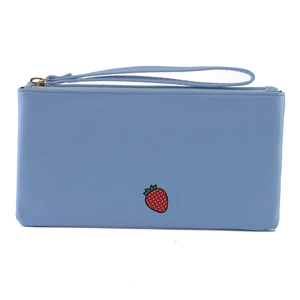 Blue PU leather cartoon strawberry coin purse with wristlet strap for women and students