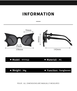 Detaillierte Spezifikationen der Fledermaus-Sonnenbrille mit PC-Material und Maßen