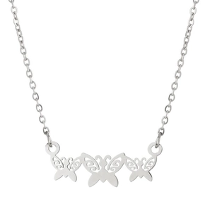 Detailed view of silver stainless steel necklace featuring a triple butterfly cutout pendant
