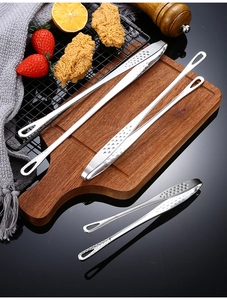 Detailed set of SUS 304 stainless steel BBQ tongs with hammer texture on dark background