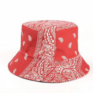 Close-up of red paisley print fisherman hat showing cotton fabric and stitching details