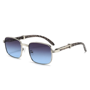 Square silver metal sunglasses with blue gradient lenses and leopard print temples for style