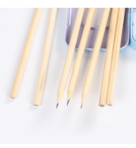 Macro shot of natural wood hexagonal HB pencils with a light blue pencil case on white background