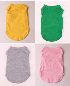 Detailed grid view of plain cotton pet t-shirts in yellow, green, gray and pink colors
