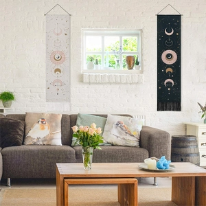 Bohemian moon phase wall tapestries in black and white with tassels for home decor