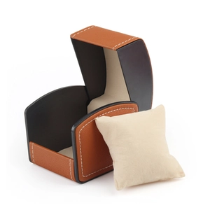 Brown PU leather curved watch box with single slot and cream velvet pillow display